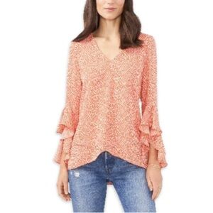 Vince Camuto Print Ruffle Sleeve Popover Blouse‎ Fireside Orange white XL